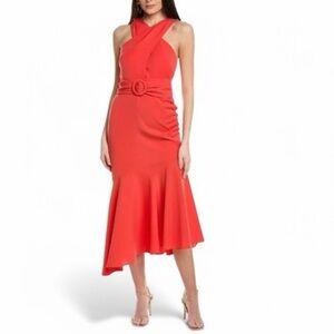 Sachin and Babi Coral Naomi dress NWT - Asymmetric Halter Midi Dress with Belt